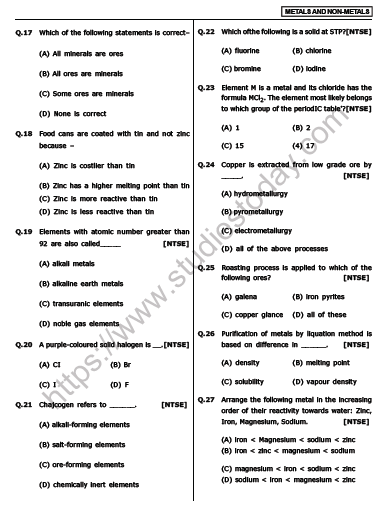 CBSE Class 10 Science Metals And Non Metals MCQs Set D, Multiple Choice ...